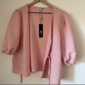 Pink Gingham Puff Sleeve Cover-up Or Tie Top